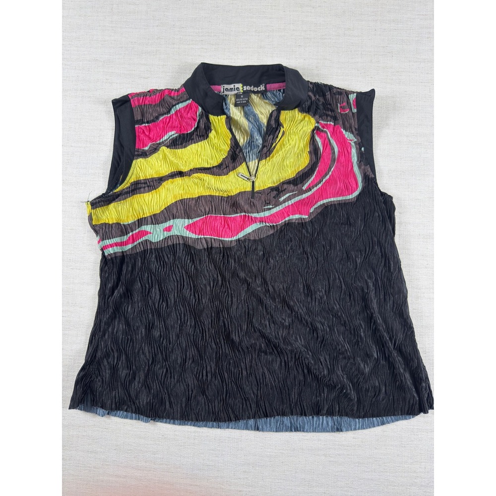 Jamie Sadock Womens Golf Top Black Crinkle Abstract Print Sleeveless 1/4 Zip M